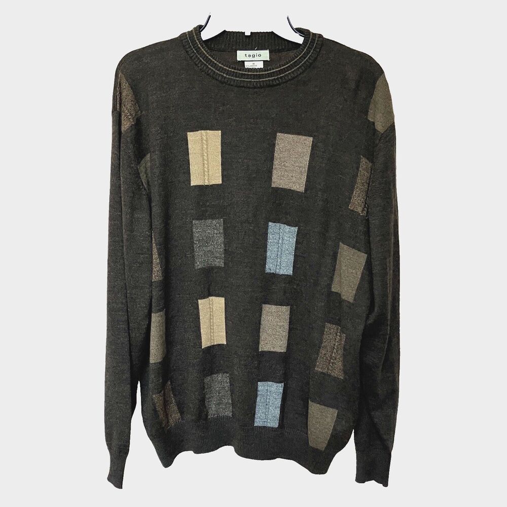Tagio Sweater Mens XL Long Sleeve Brown Geometric Block Preppy Academia Wool Bld